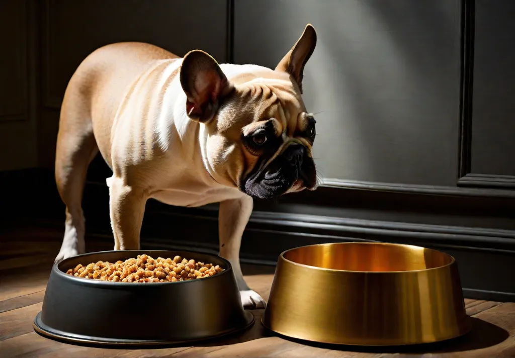 A French Bulldog critically inspecting its food bowl conveying its picky eating