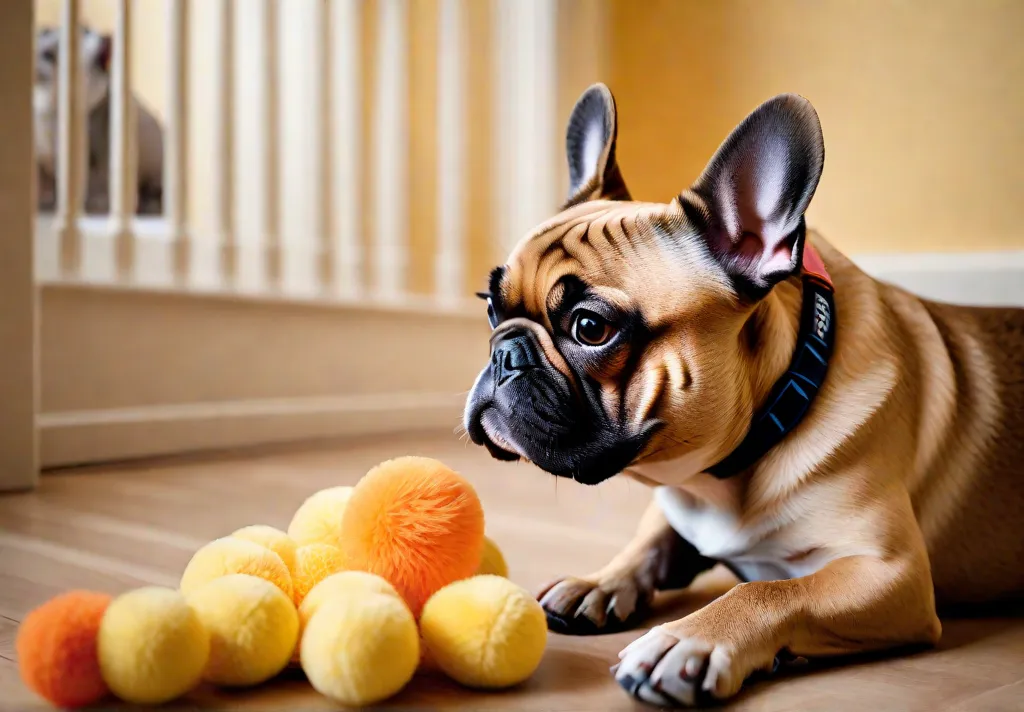 A French Bulldog engaging in gentle play with soft toys highlighting suitable