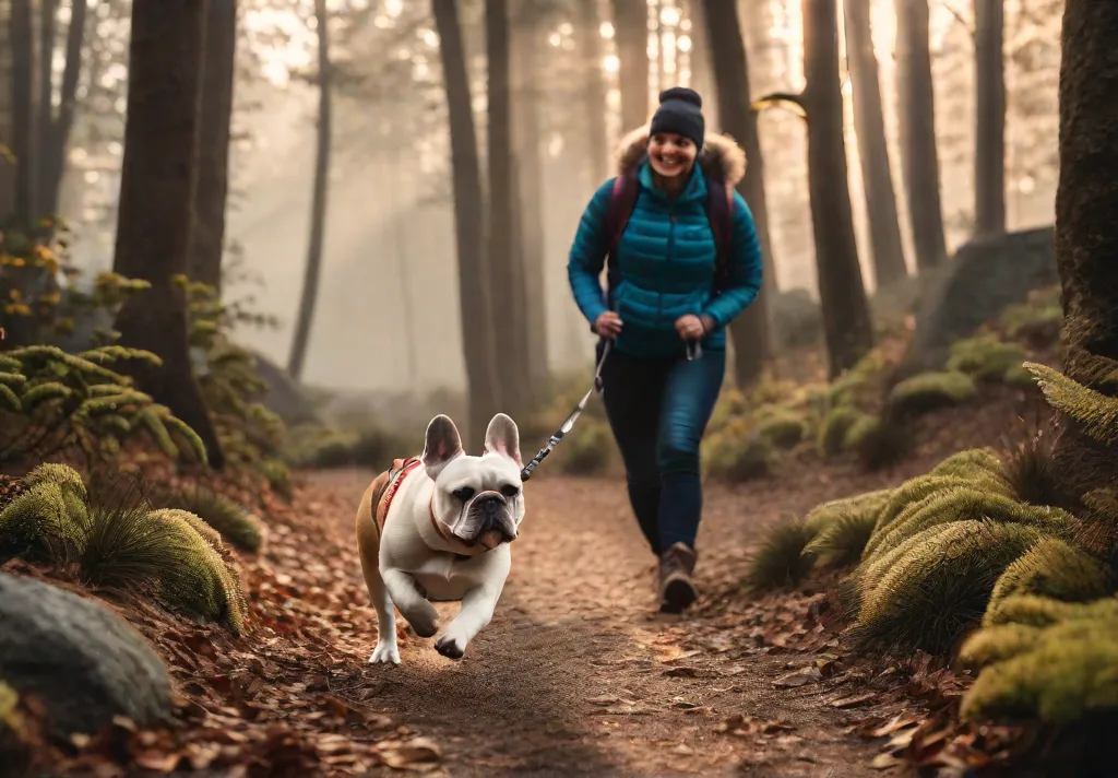 A French Bulldog exploring a new walking trail with its owner both