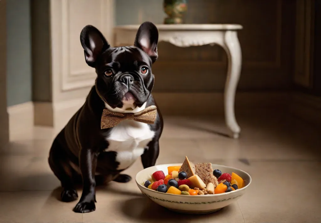 A French Bulldog happily eating a bowl of nutritious breedspecific food emphasizing