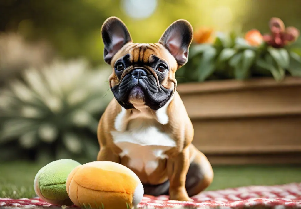 A French Bulldog happily engaging in a light play session with soft