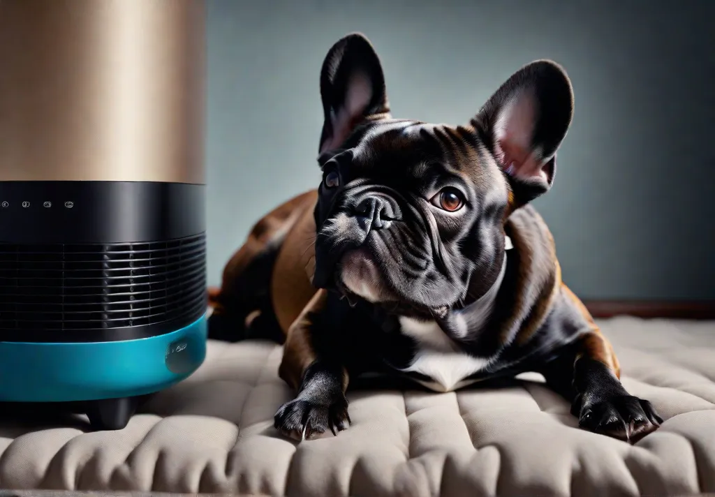 A French Bulldog lying down panting slightly with an air purifier in