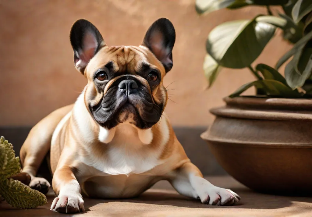 A French Bulldog panting lightly while resting in a shaded area illustrating