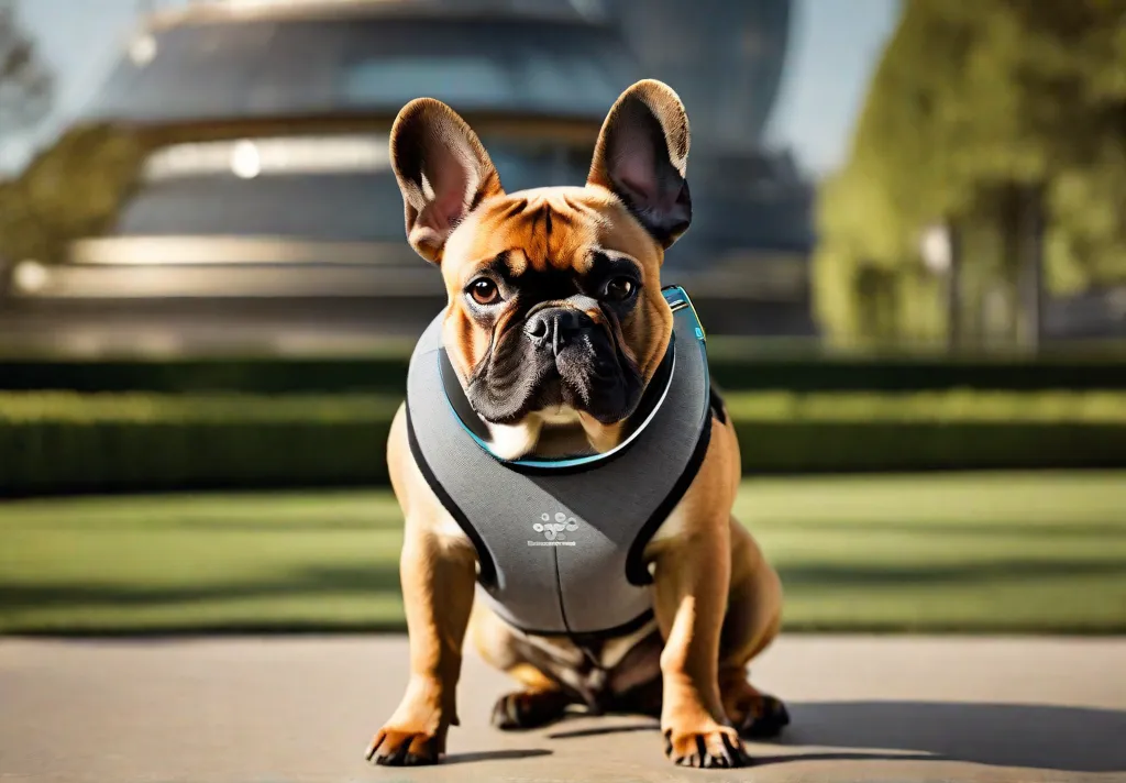 A French Bulldog playing in a park wearing a sleek smart collar