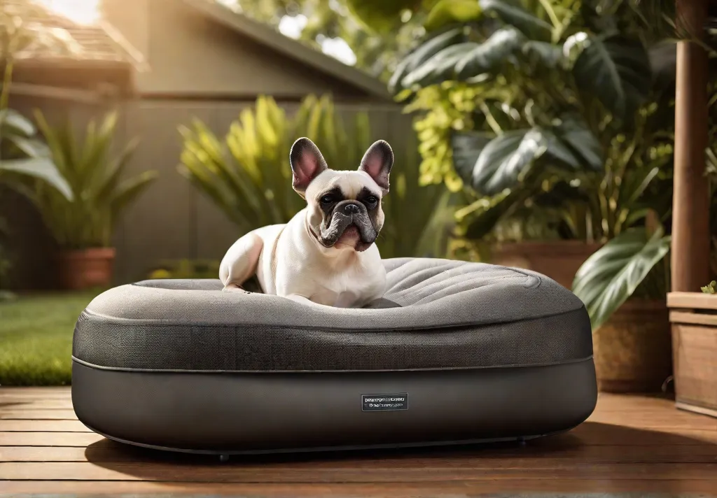 A French Bulldog resting on an elevated cooling bed in a lush