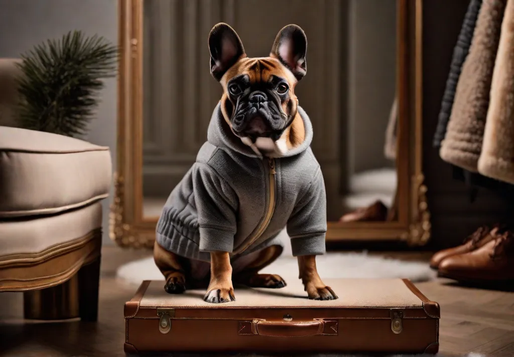 A French Bulldog trying on stylish and functional winter clothing in front