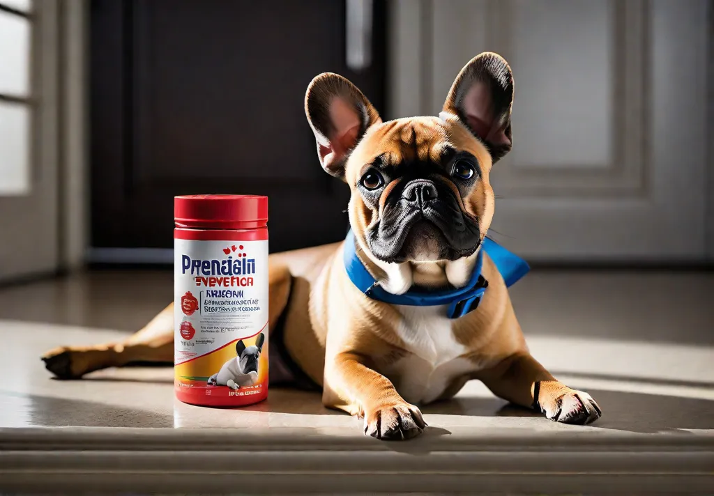 A French Bulldog with a tick and flea prevention collar standing next