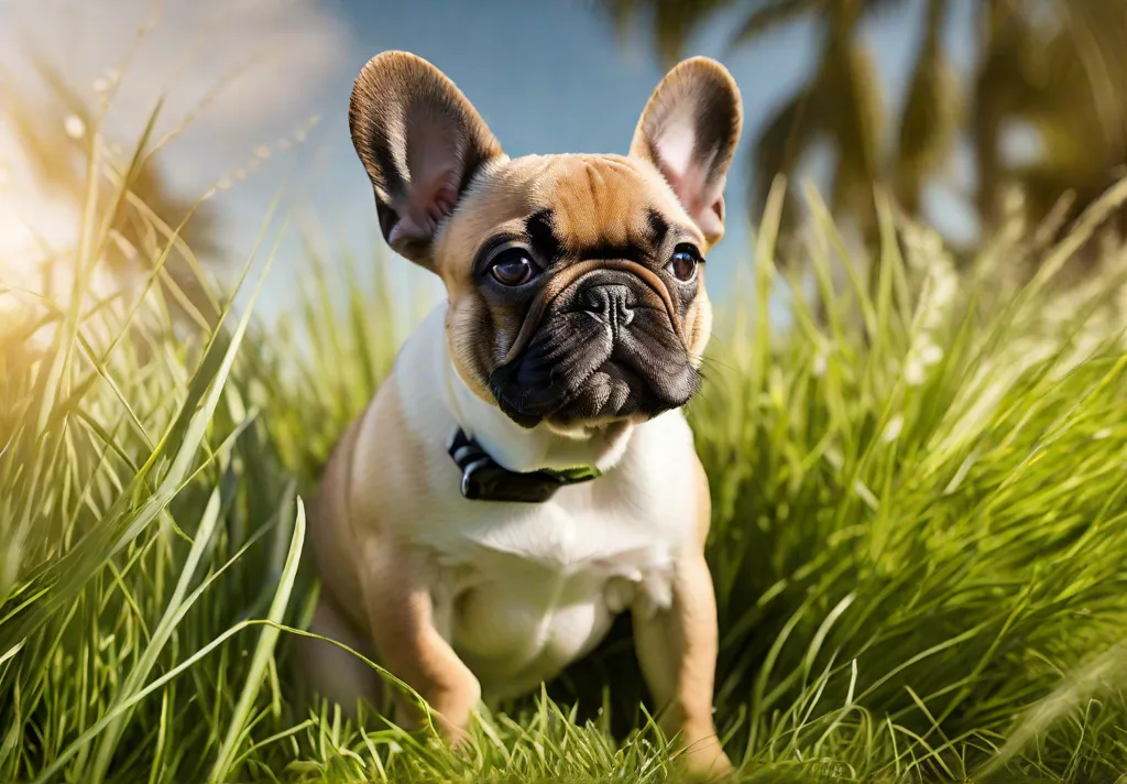 A Frenchie playing in a grassy field showcasing the breeds playful and