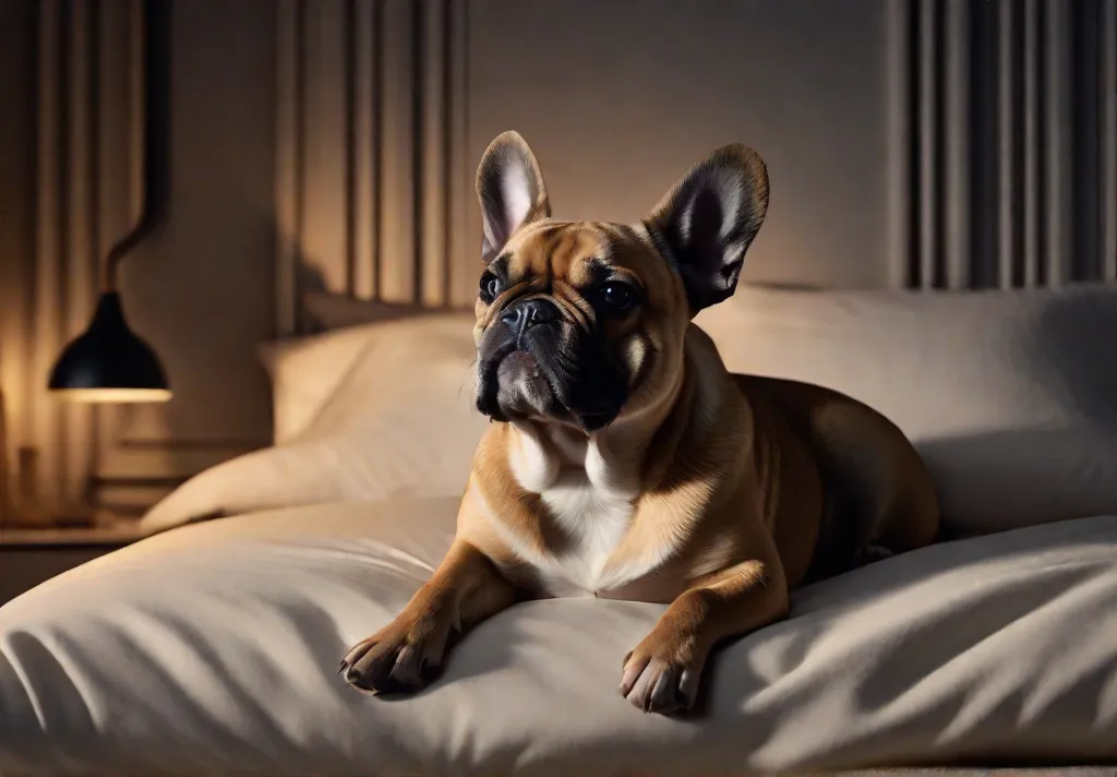 A bedroom scene at night where a French Bulldogs snoring is humorously