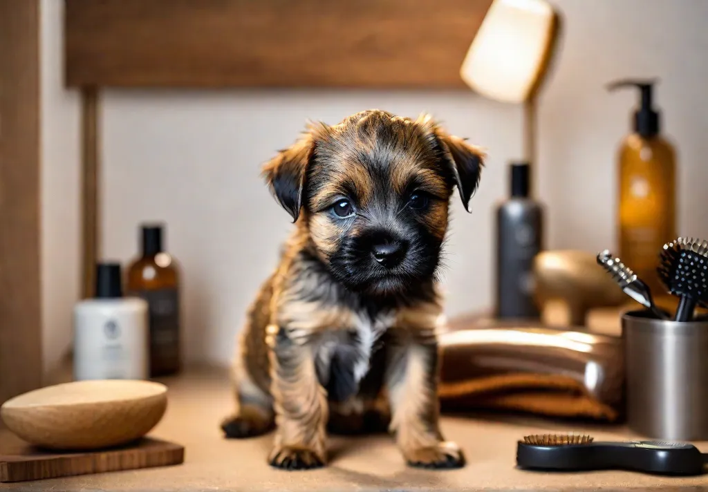 A candid moment of a Border Terrier puppy enjoying a DIY grooming