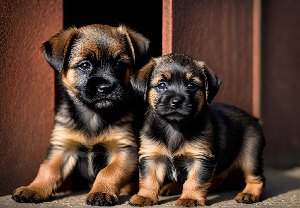 A candid photo of a Border Terrier puppy standing guard over a