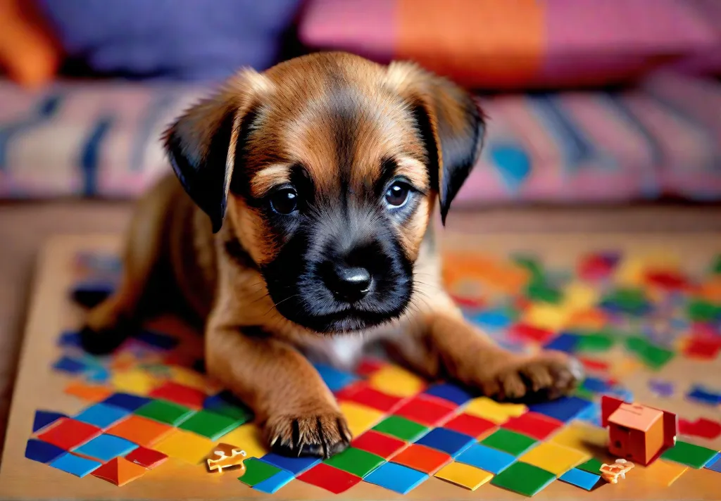 A closeup image showing a Border Terrier puppys sharp curious gaze with