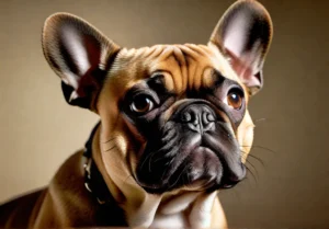 A closeup of a French Bulldog talking mouth slightly open with a