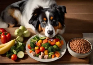 A closeup of a balanced dog meal tailored for Australian Shepherds with