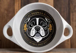 A closeup of a personalized French Bulldog feeding bowl featuring an ergonomic