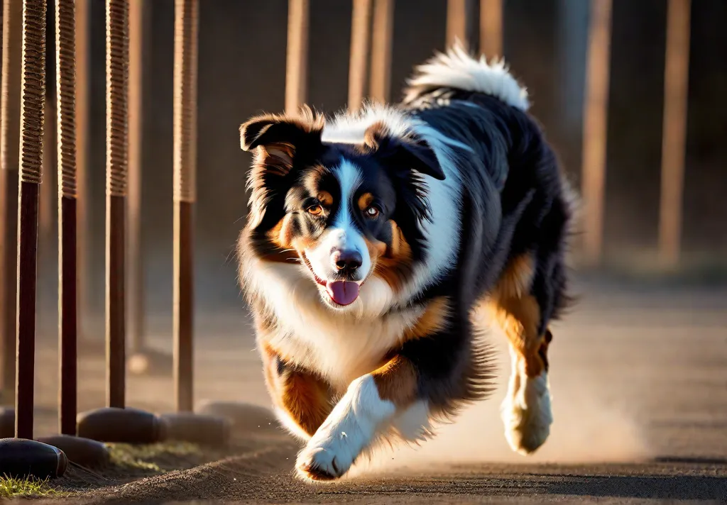 A closeup of an Australian Shepherd navigating a set of weave poles