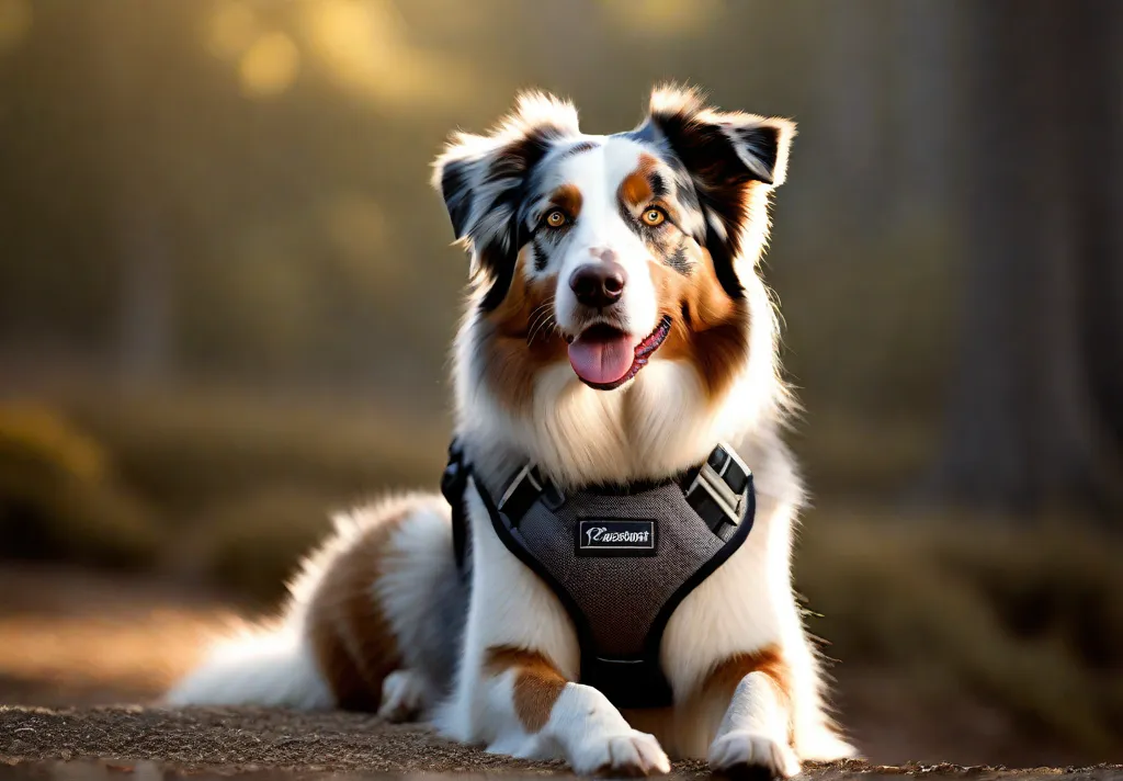 A closeup of an Australian Shepherd wearing a comfortable highquality harness ready