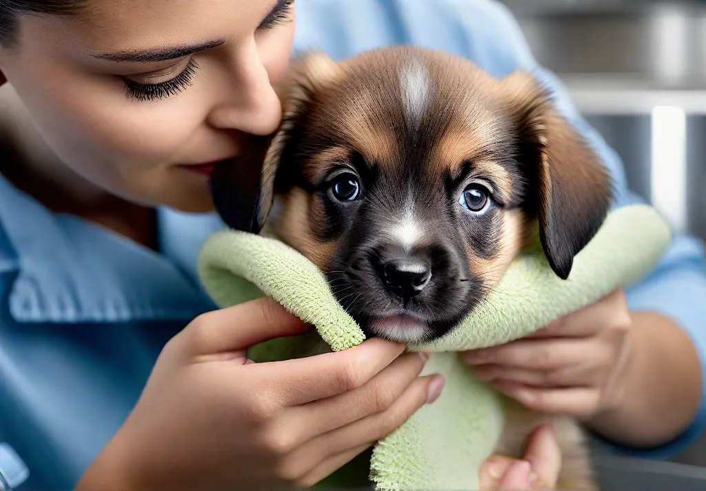 A closeup photo of a puppy getting its ears cleaned with a