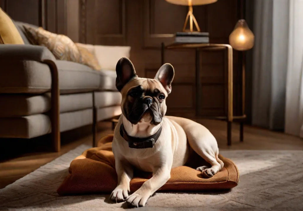 A cozy indoor scene where a French Bulldog curls up in a