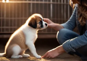 A curious Aussie puppy being gently introduced to a new person in