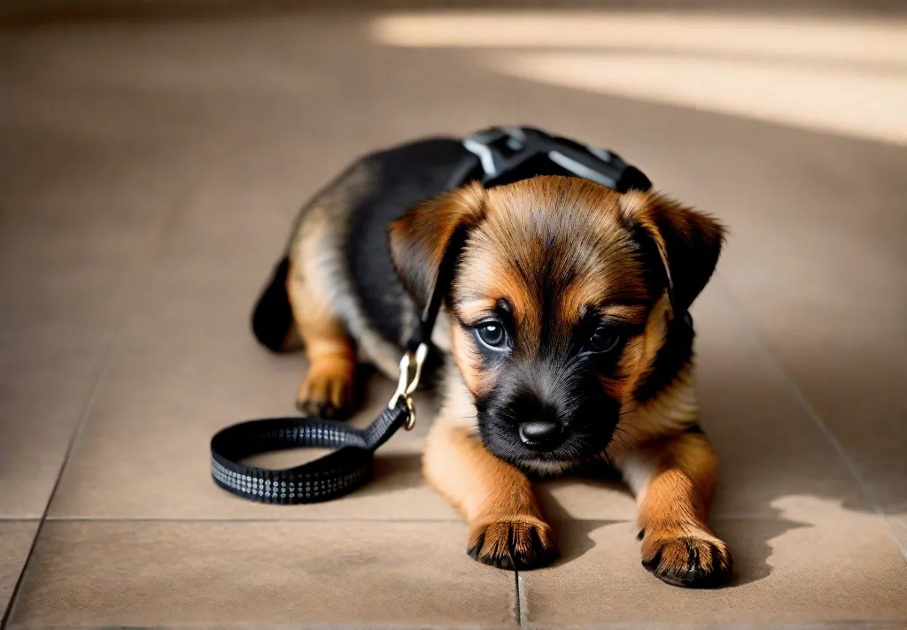 A curious Border Terrier puppy sniffing an adjustable harness and leash set