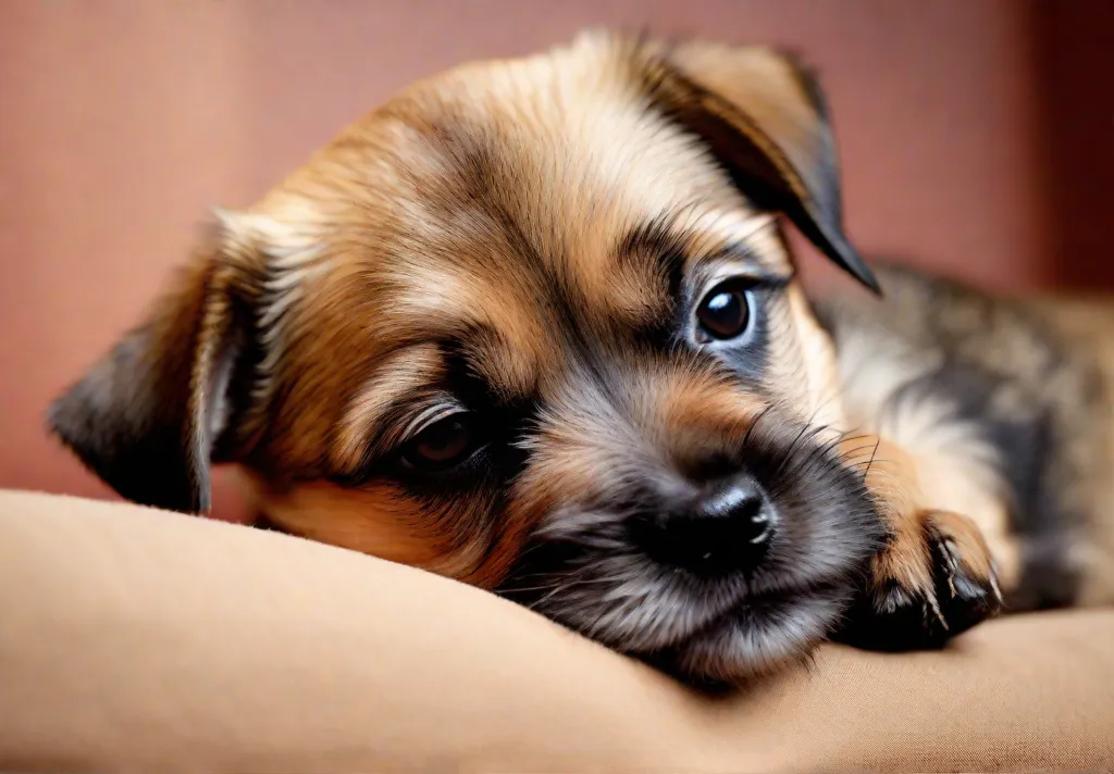 A deeply touching image of a Border Terrier puppy gently resting its