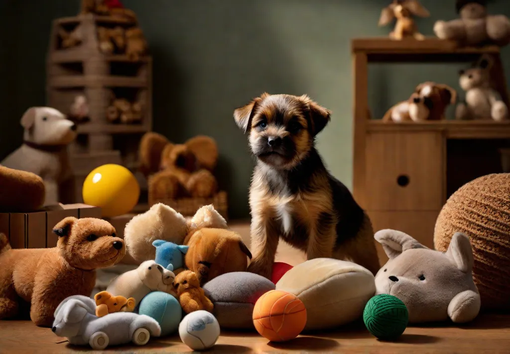 A depiction of a serene indoor play scene where a Border Terrier