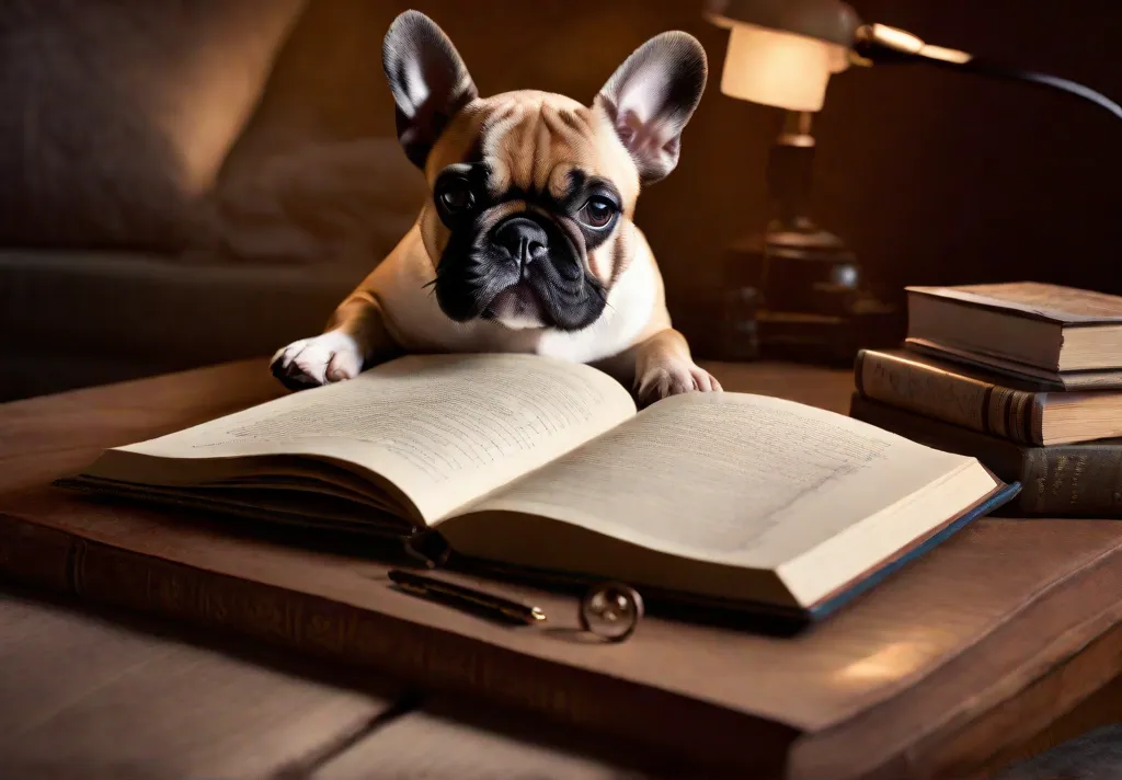 A diary open next to a sleeping French Bulldog with notes about