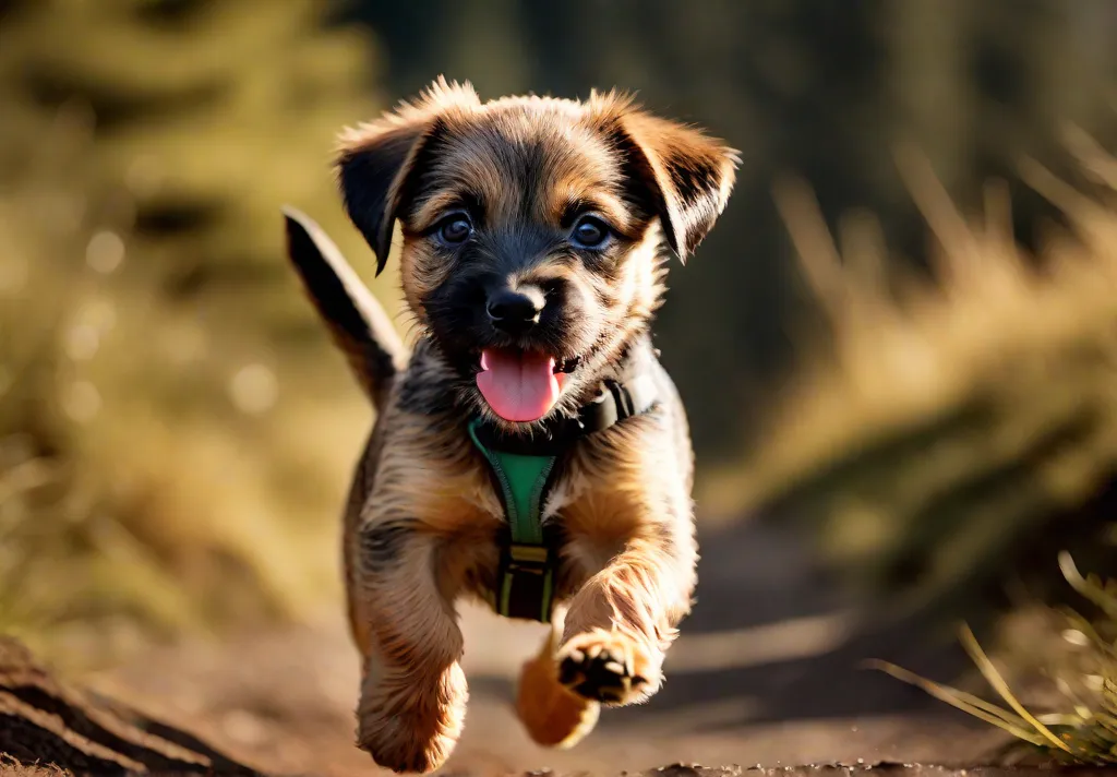 A dynamic image capturing a Border Terrier puppy leaping through the air