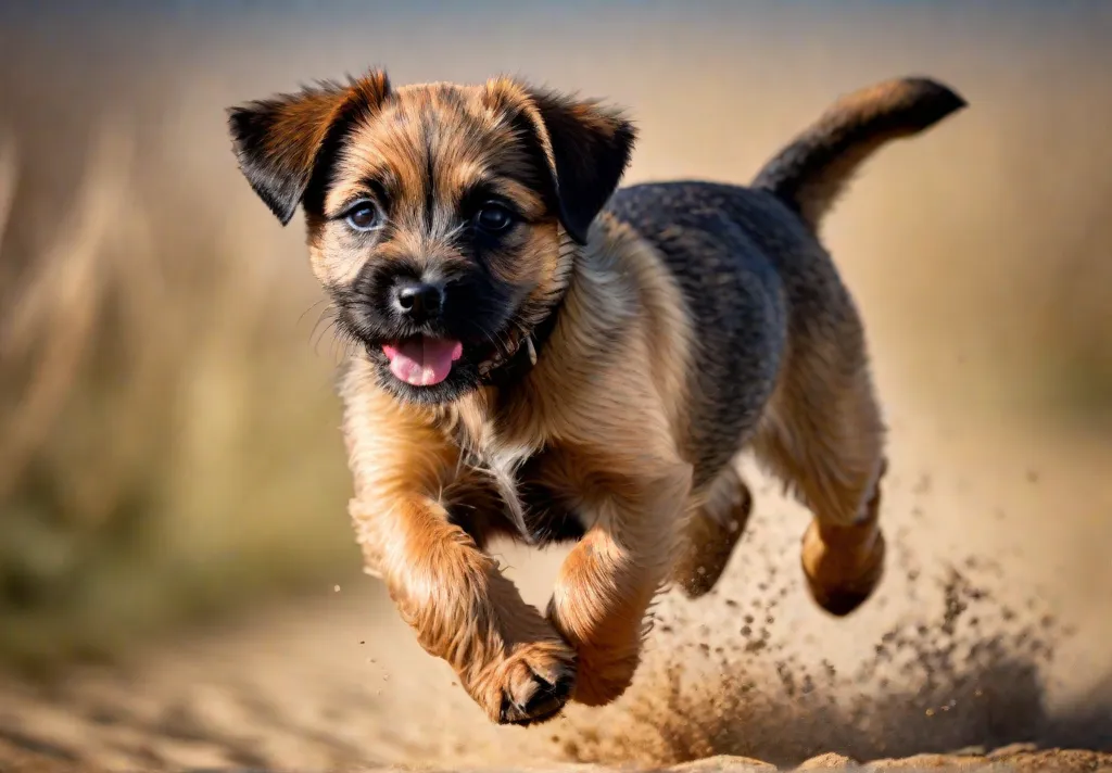 A dynamic image of a Border Terrier puppy in midleap capturing the