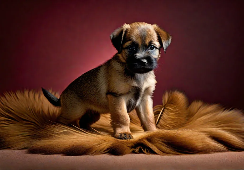 A dynamic image of a Border Terrier puppy in the midst of