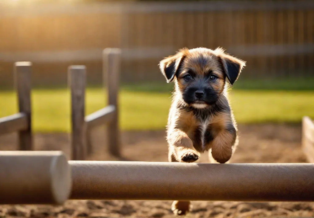 A dynamic image of a Border Terrier puppy weaving through agility course