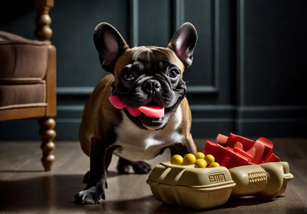 A dynamic image of a French Bulldog enthusiastically chewing on a durable