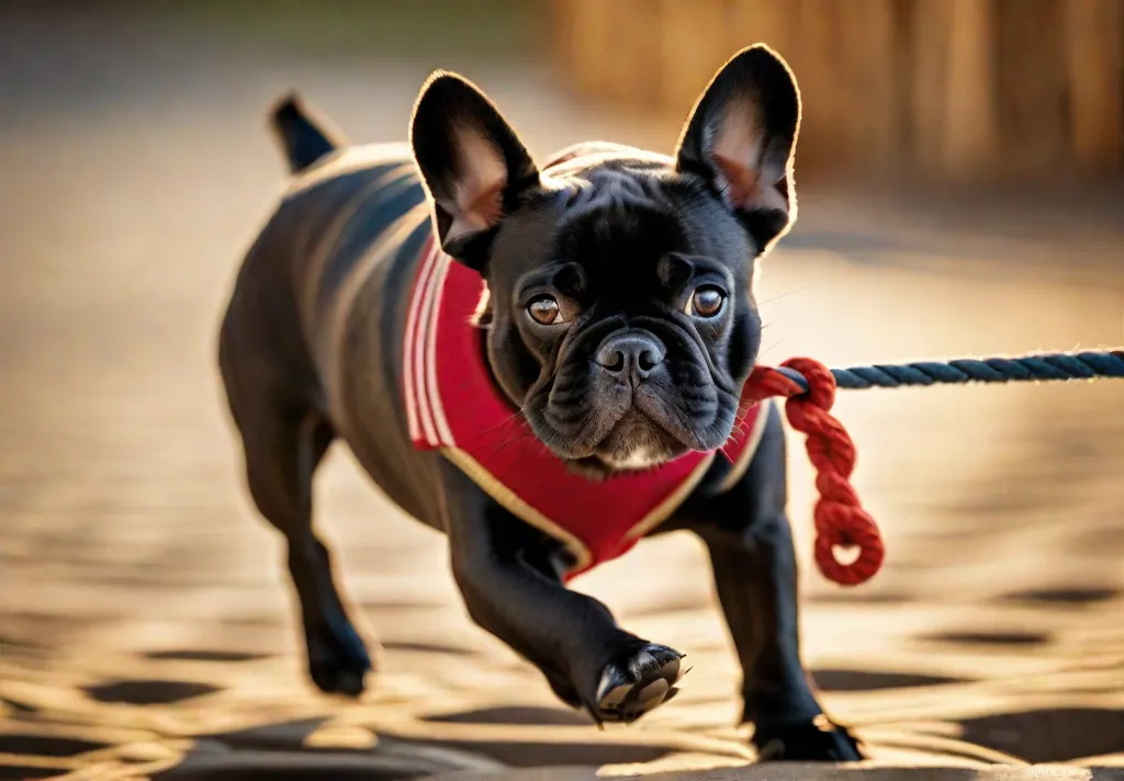 A dynamic photo of a French Bulldog in the midst of a