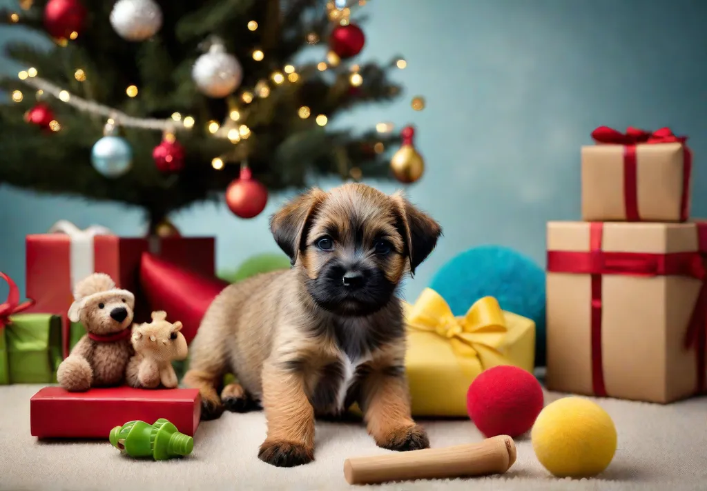 A festive photograph of a Border Terrier puppy surrounded by a variety