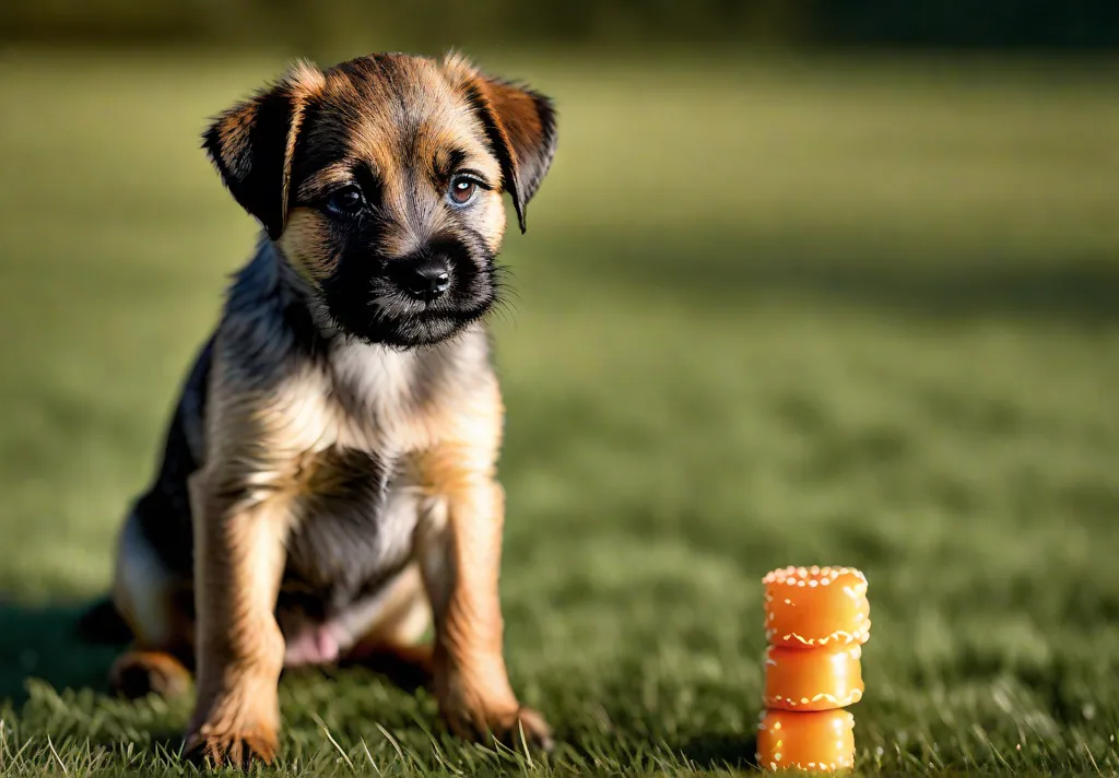 A focused Border Terrier puppy executing the sit command on a soft