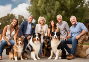 A group of Australian Shepherd owners and their dogs meeting up in