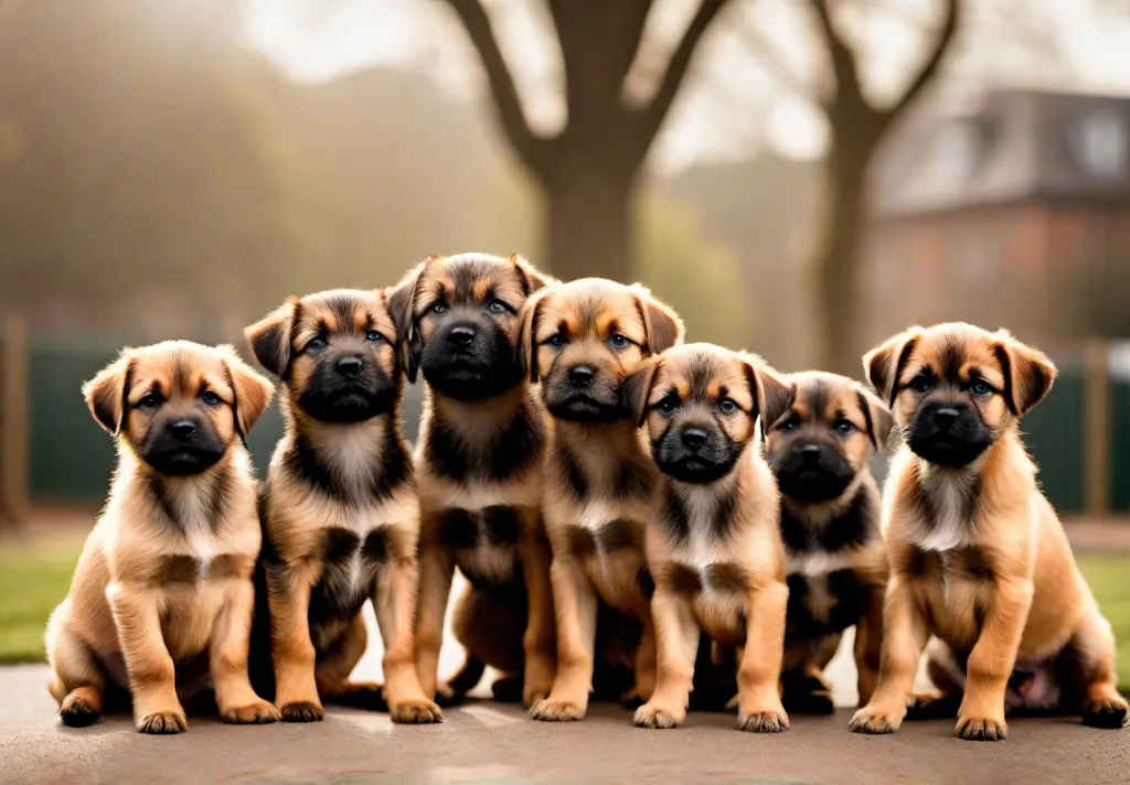 A group of playful Border Terrier puppies interacting with various dog breeds