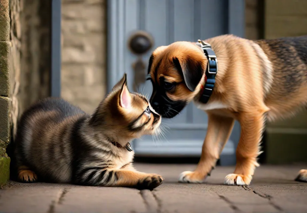 A heartwarming scene of a Border Terrier puppys first encounter with a