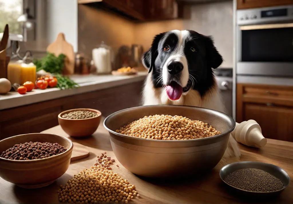 A homemade dog food preparation scene with natural ingredients spread across a