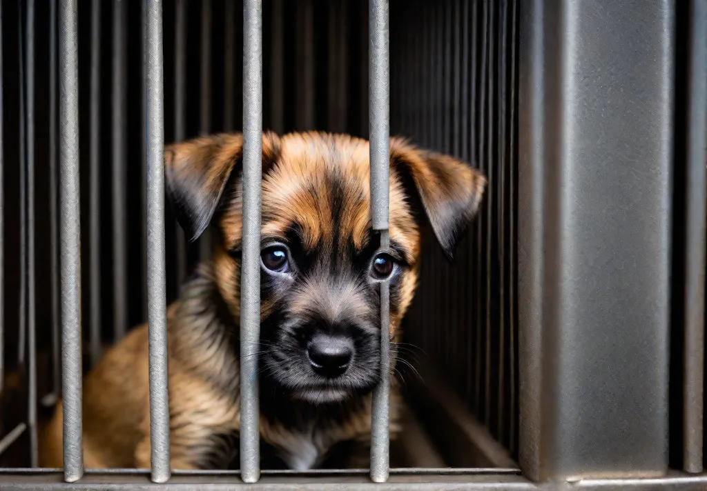 A hopeful Border Terrier puppy peering out from behind the bars of