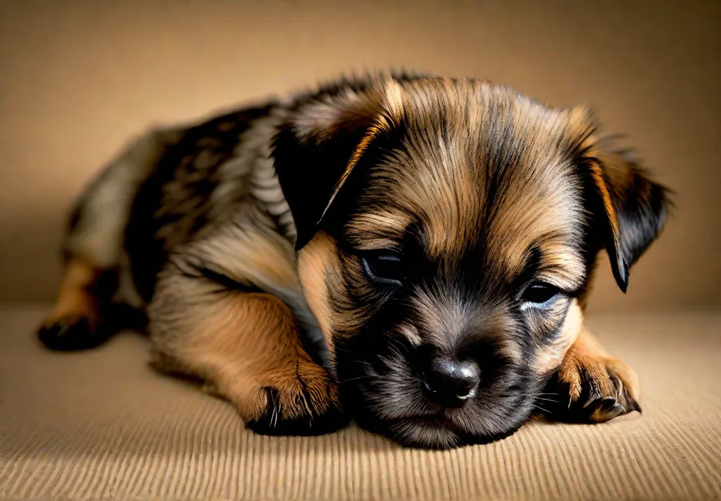 A humorous shot of a Border Terrier puppy asleep in an upsidedown