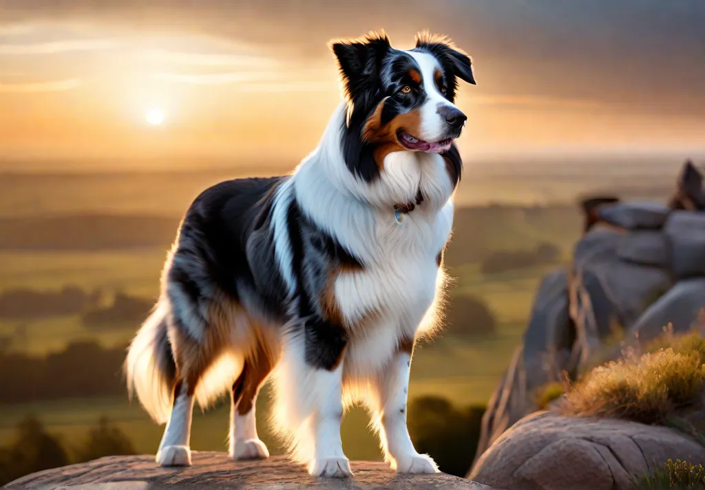 A majestic Australian Shepherd standing atop a rocky hill at sunset its