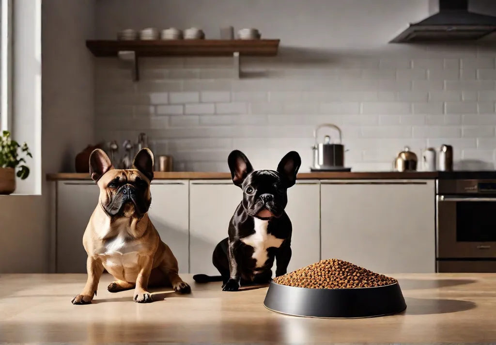 A minimalist kitchen setup with a balanced bowl of dog food on