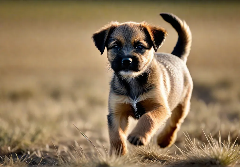 A panoramic image of a Border Terrier puppy exploring a vast open