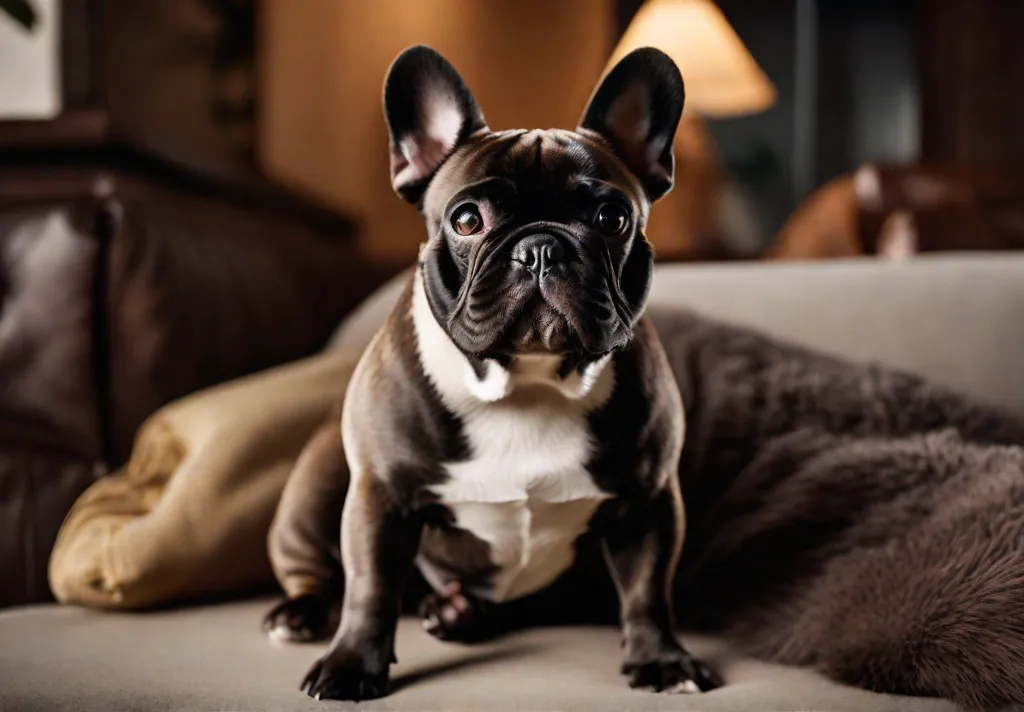 A photograph of a French Bulldog contentedly sitting on its owners lap