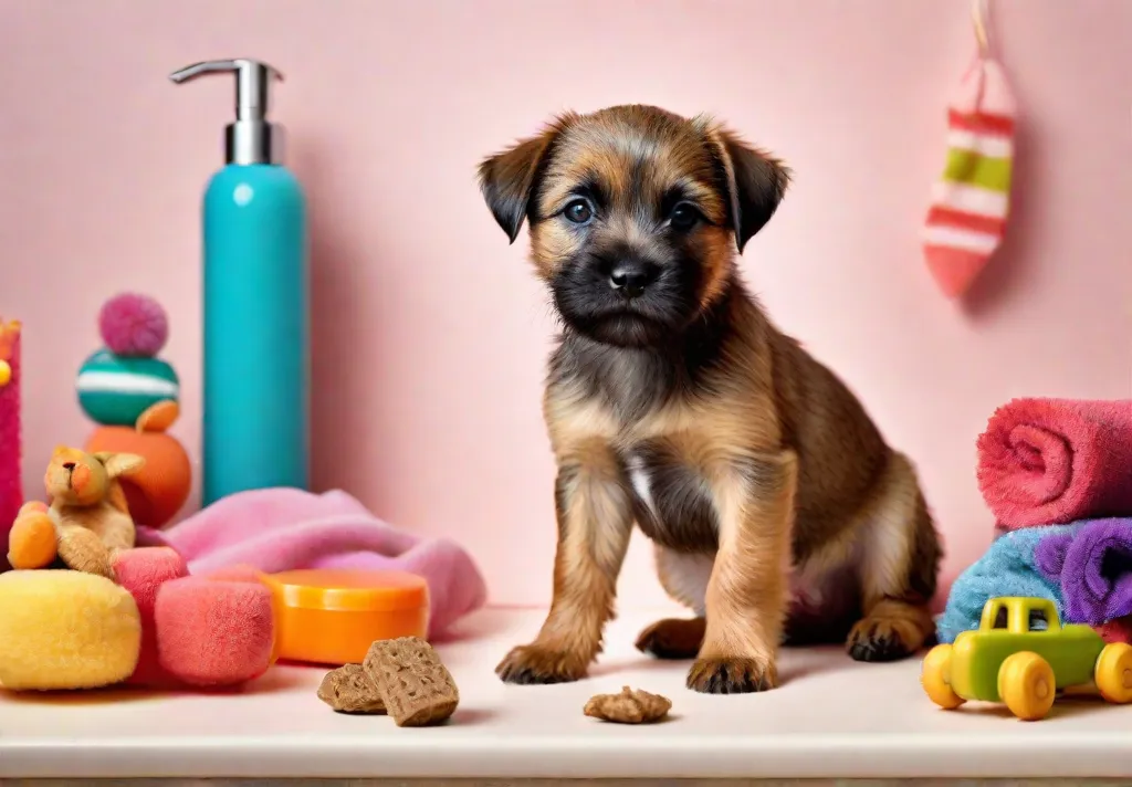 A picture of a Border Terrier puppy having fun during a grooming