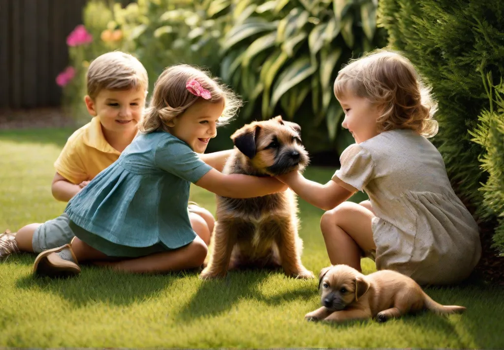 A playful scene of Border Terrier puppies interacting with children in a