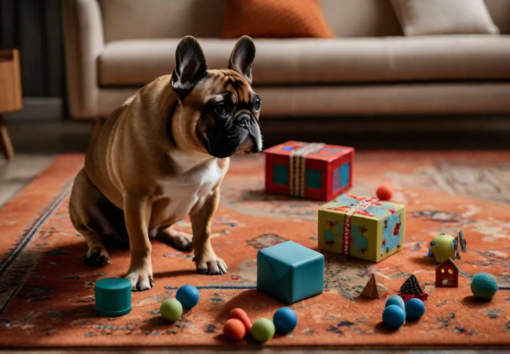 A playful setup with various French Bulldogfriendly toys and puzzles spread out