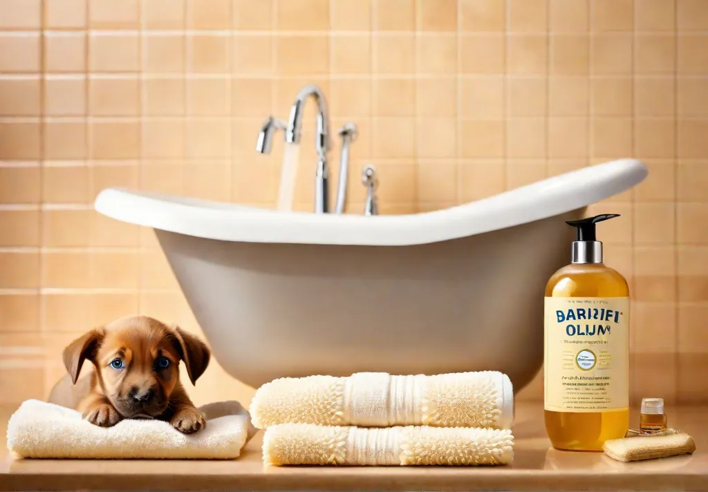 A puppy bathtime setup with a gentle dog shampoo a cup for